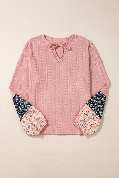 Floral Patchwork Textured Knit V-Neck Blouse