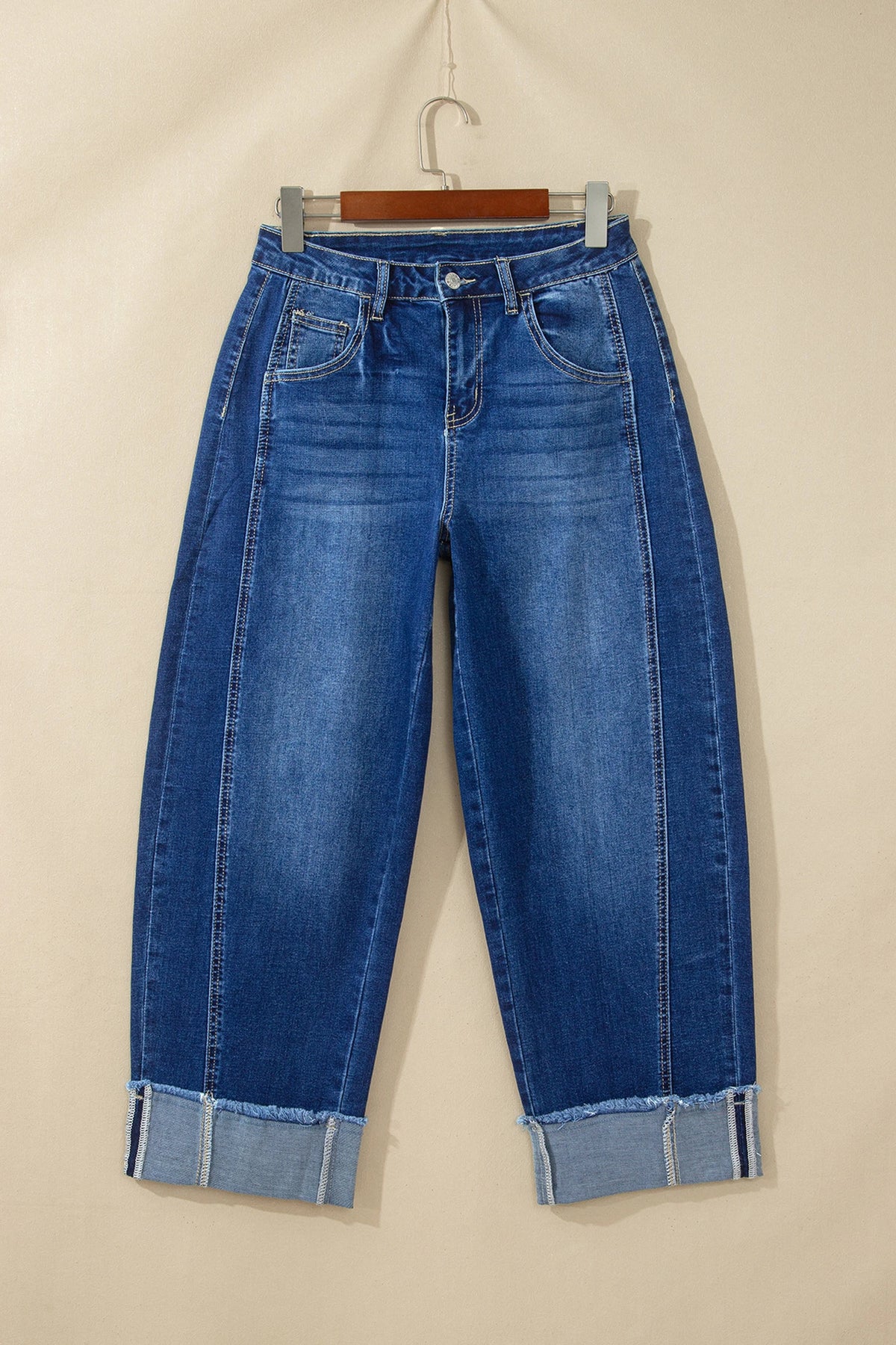 Solid Denim Folded Raw Hem High Waist Jeans