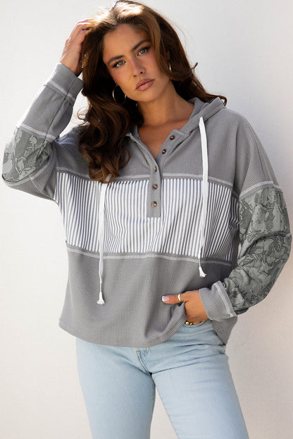 Stripe Waffle Patchwork Hooded Long Sleeve Top