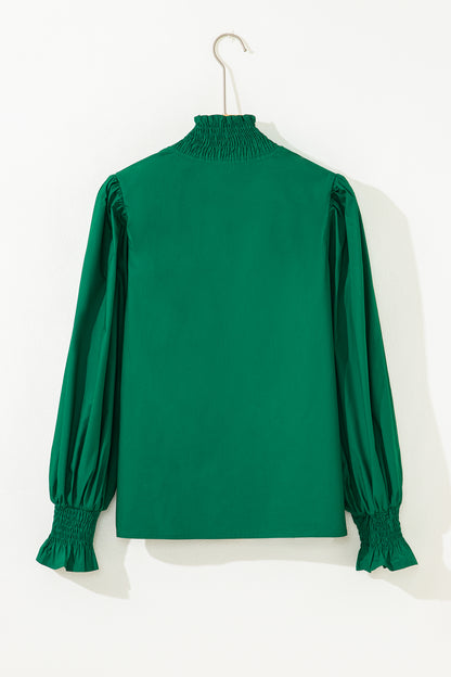 Leopard Trim V-Neck Puffy Flounce Sleeve Blouse