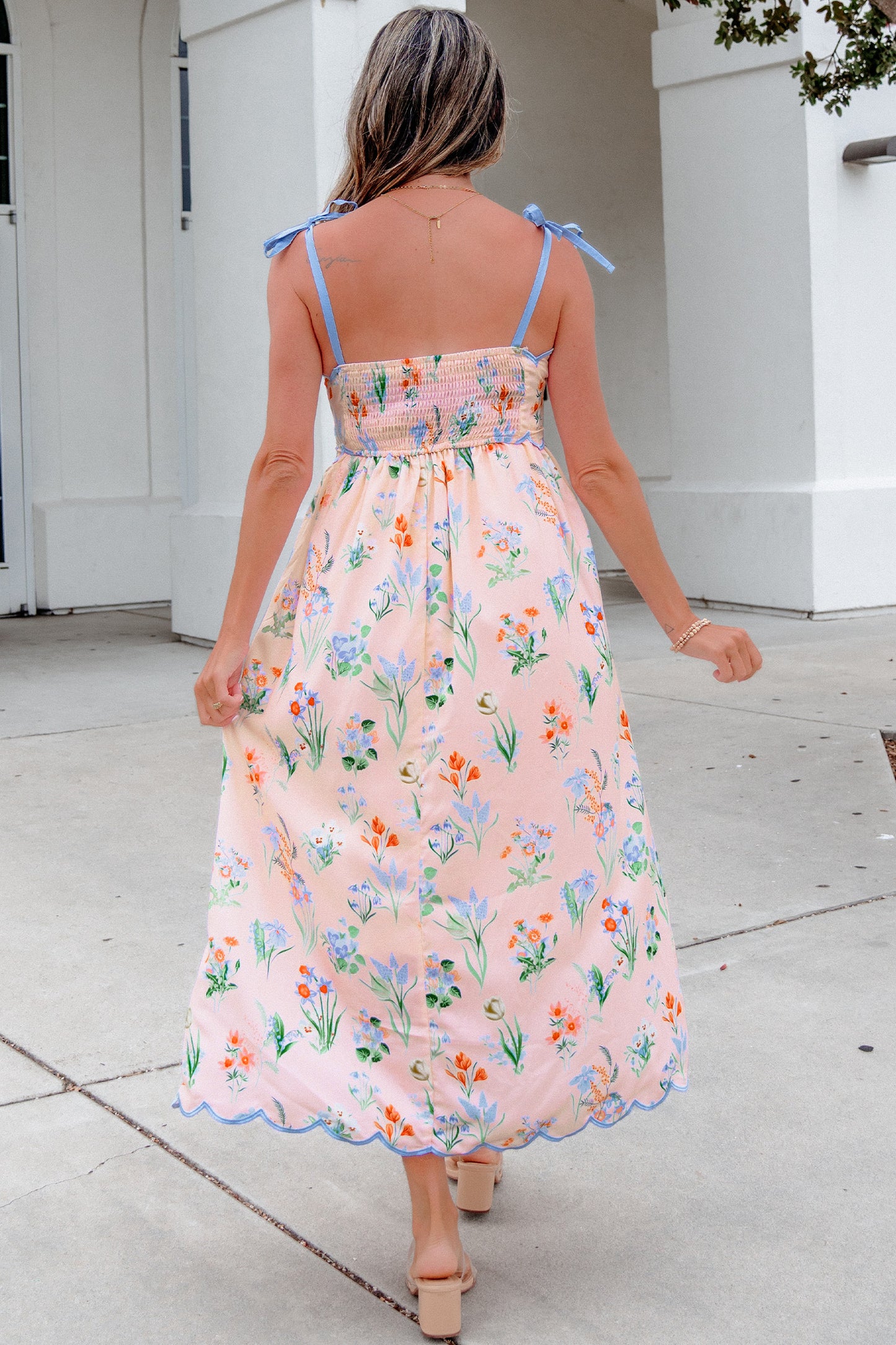 Floral Contrast Trim Tie Strap Midi Dress