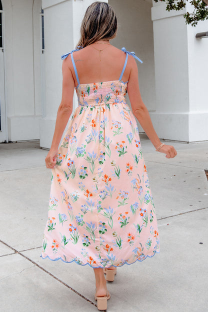 Floral Contrast Trim Tie Strap Midi Dress