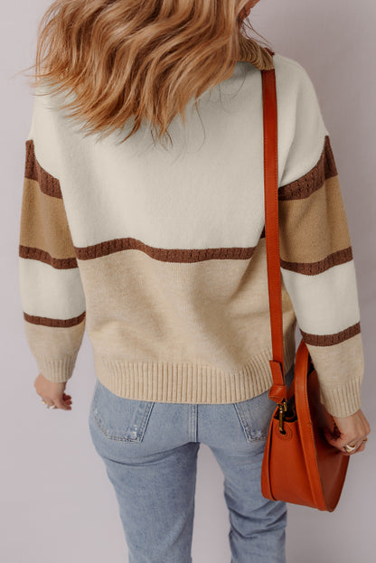 Colorblock Stripe Quarter Zip Collared Sweater