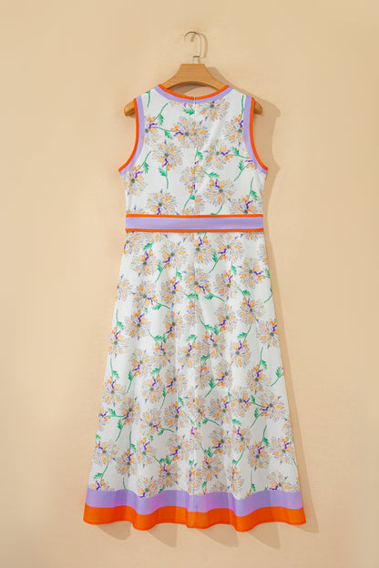 Floral Colorblock Trim Belted Sleeveless Maxi Dress
