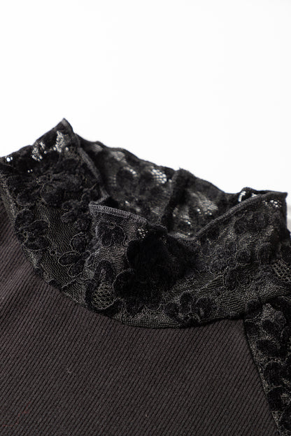 Floral Lace Patchwork Long Sleeve Mock Neck Top