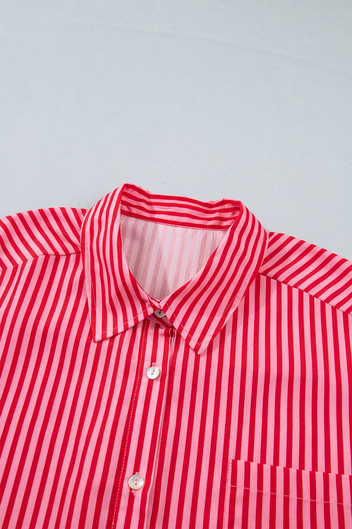 Stripe Patch Pocket Button-Up Long Sleeve Blouse
