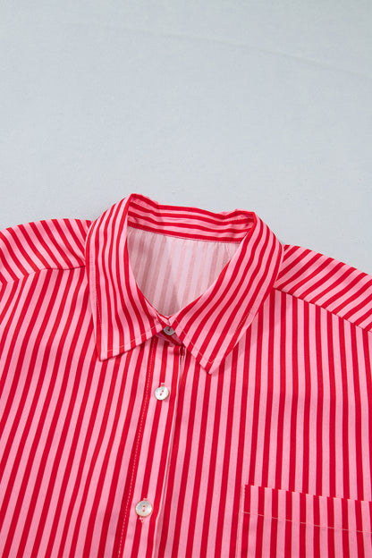 Stripe Patch Pocket Button-Up Long Sleeve Blouse