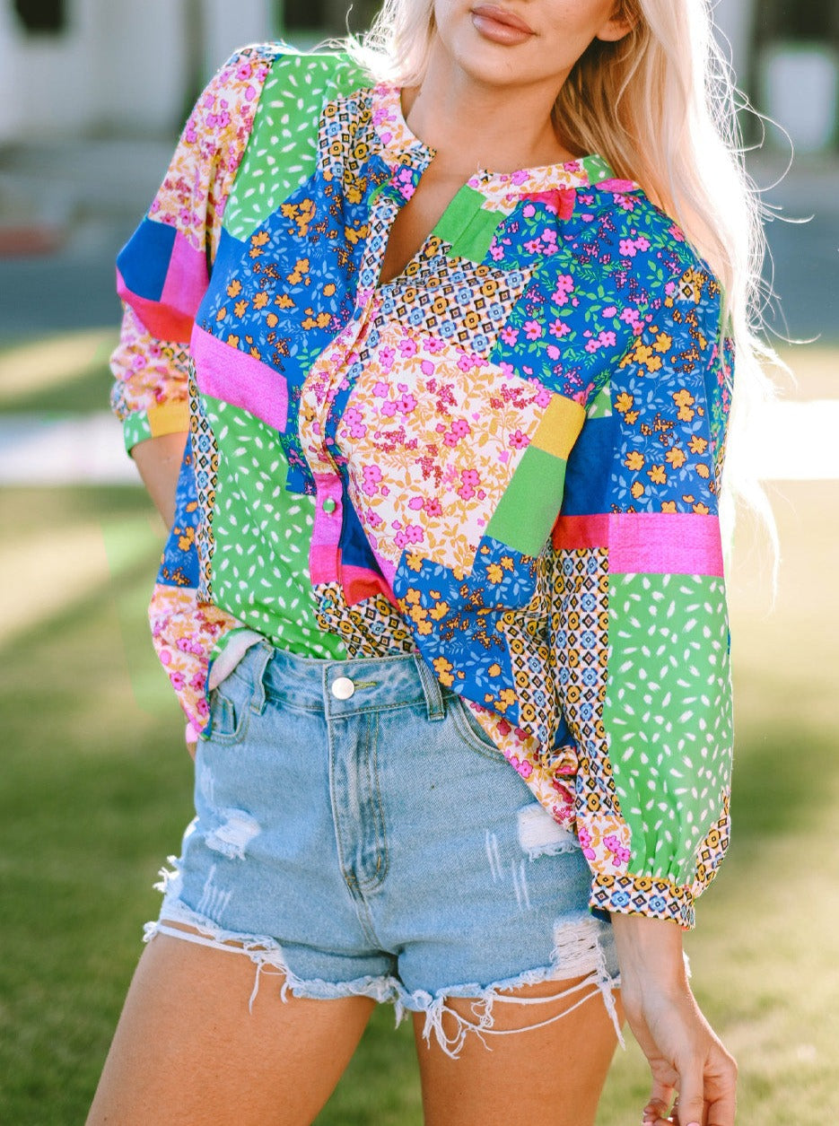 NEW! Multicolor Patchwork Buttoned Blouse