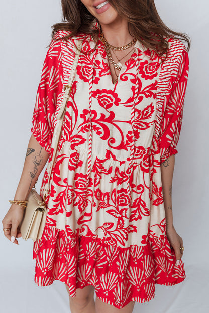 Flower V-Neck 3/4 Sleeve Collar Mini Dress