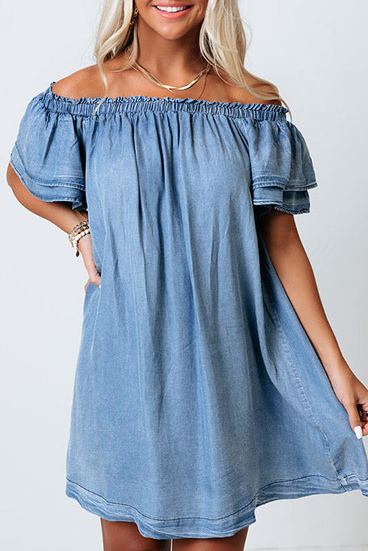 Denim Chambray Ruffle Off Shoulder Dress