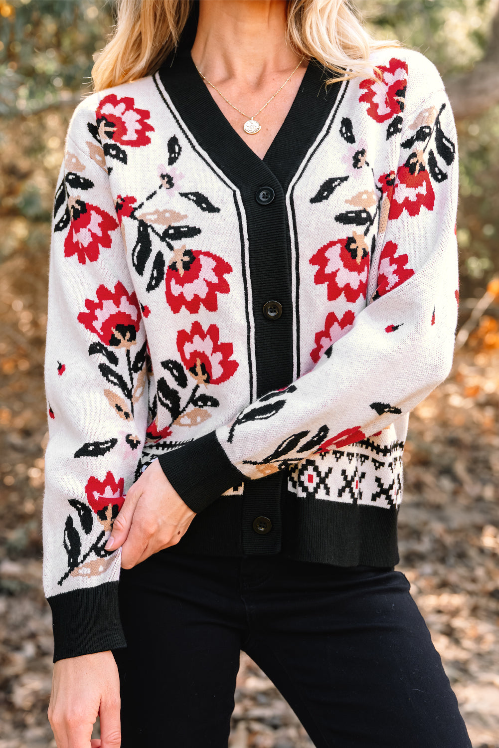 Floral Knit Button-Front V-Neck Cardigan
