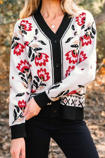 Floral Knit Button-Front V-Neck Cardigan