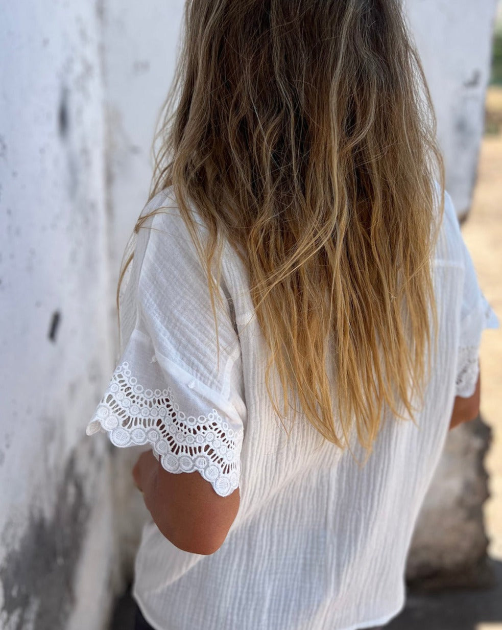 Crinkle Lace Trim Short Sleeve Blouse