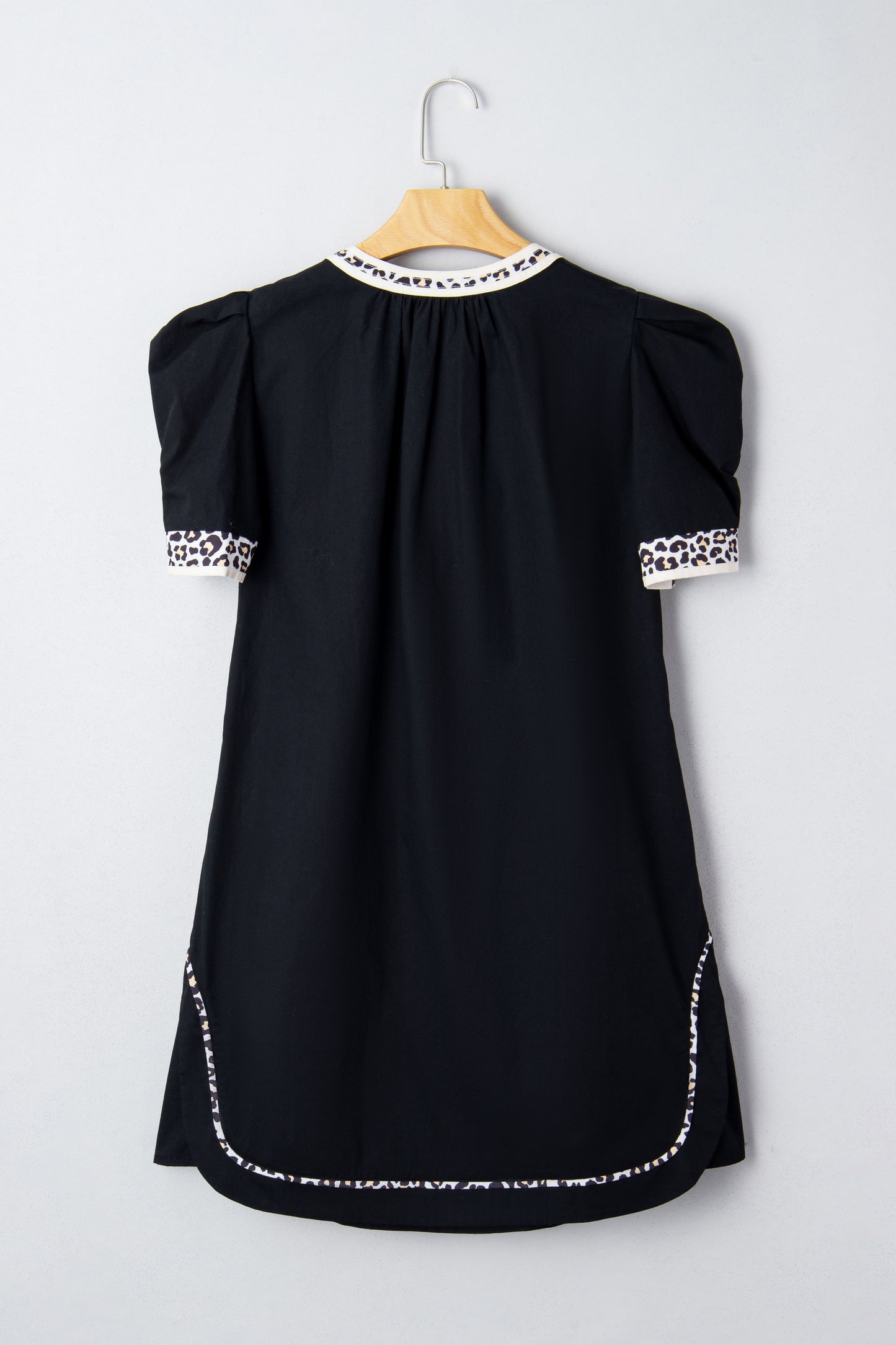Leopard Trim Short Puff Sleeve Mini Dress