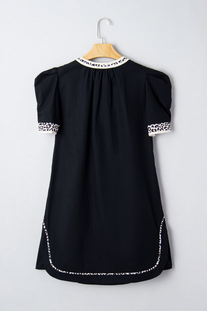 Leopard Trim Short Puff Sleeve Mini Dress