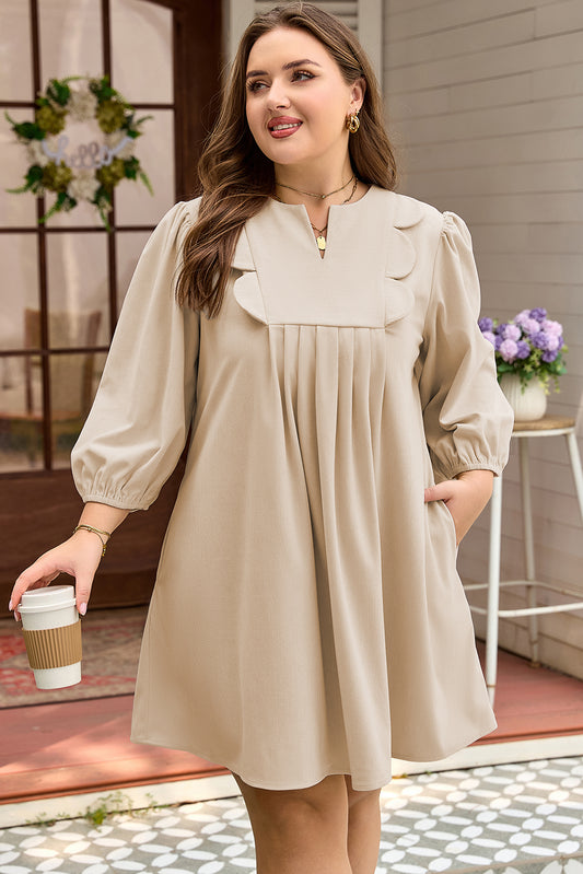 Plus Size Corduroy Scallop Notched Neck Mini Dress