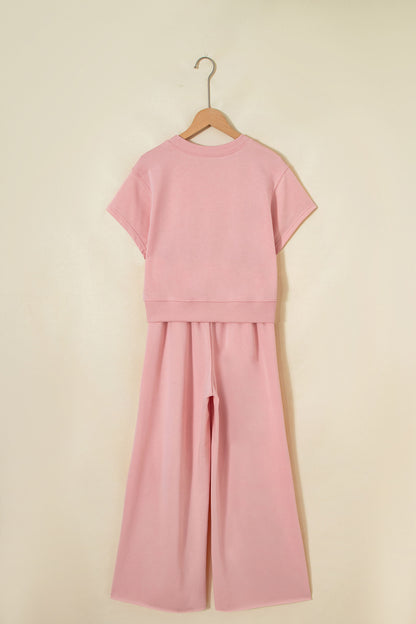 Solid Tee & Wide Leg Raw Hem Pants Set