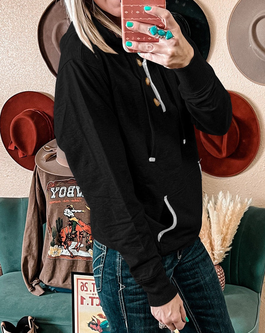 Contrast Trim Buttoned Hoodie w/Pocket