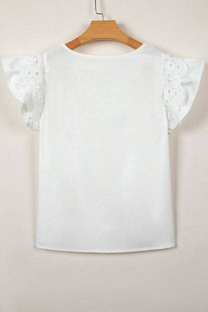 Lace Flutter Sleeve Pleated Round Neck Blouse