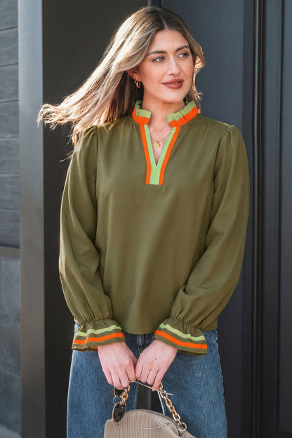 Stripe Trim Ruffle Split Neck Long Sleeve Blouse