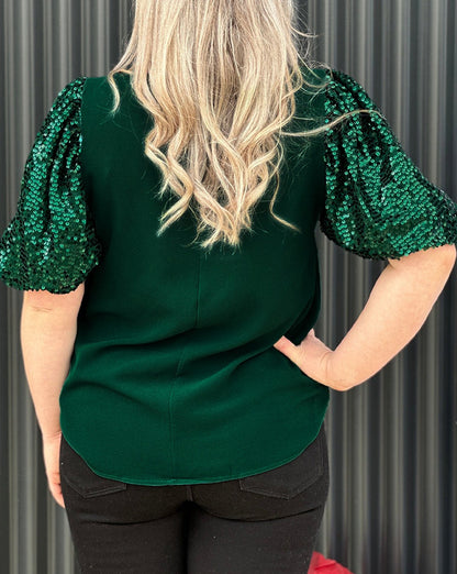 Sequin Short Puff Sleeve Top Plus Size