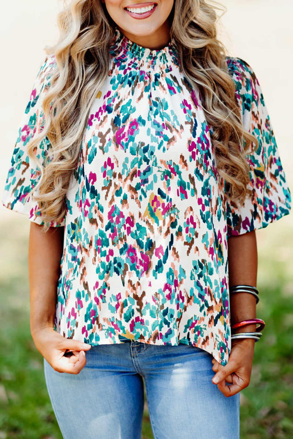 Abstract Mock Neck Blouse