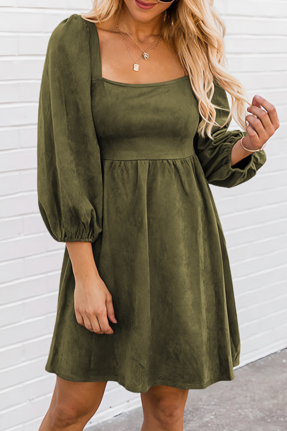 Suede Shirred Puff Sleeve Dress