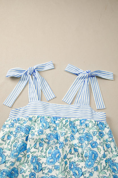 Floral Stripe Patchwork Bow Tie Strap Dress