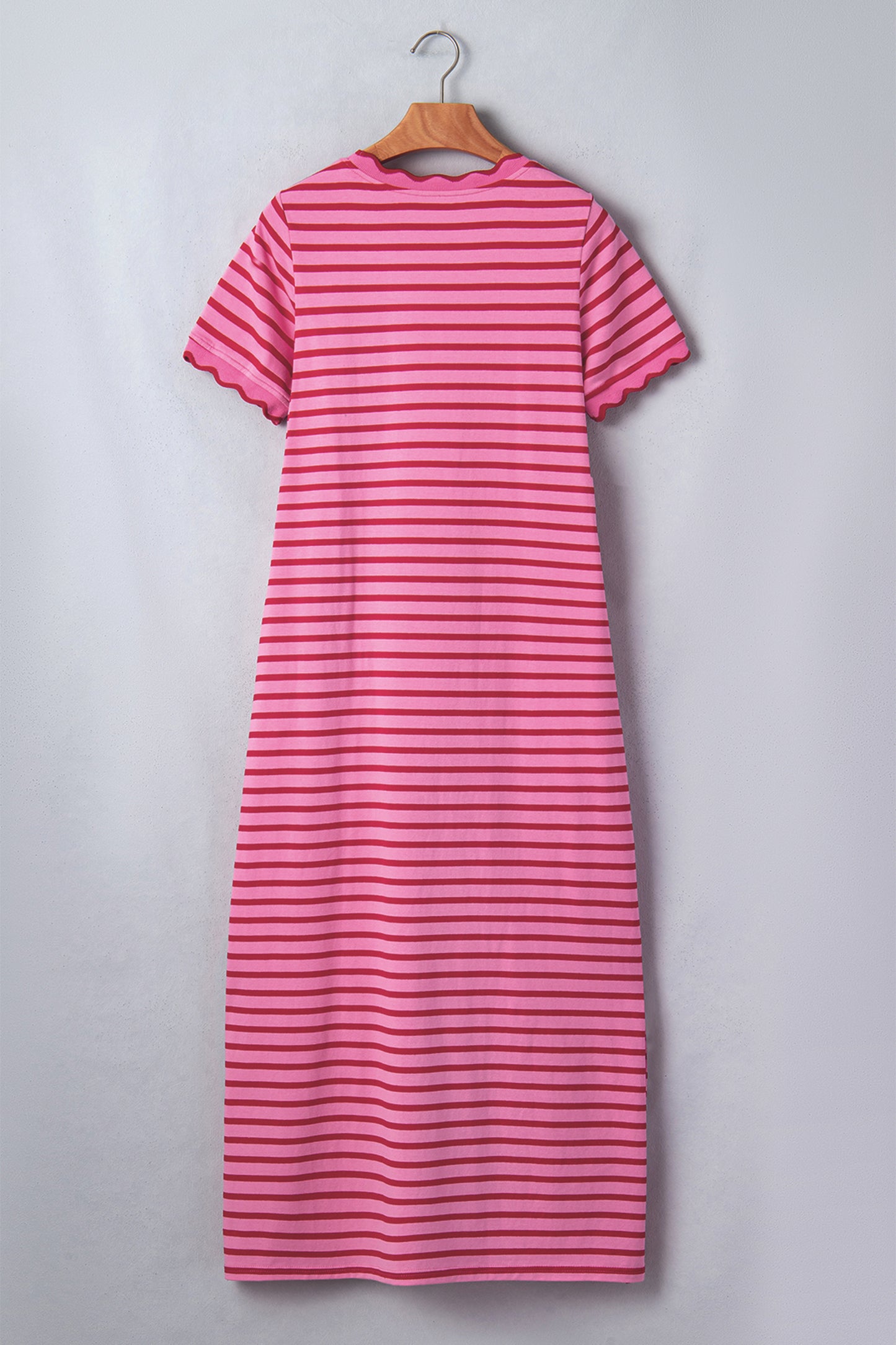Stripe Scalloped Trim Short Sleeve Side Slit Dress