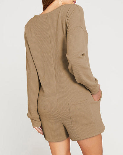 Ribbed V-Neck Long Sleeve Romper