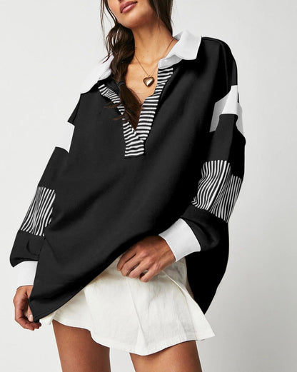 Stripe Colorblock Collared V-Neck Sweatshirt