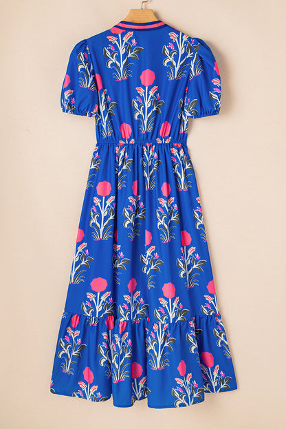 Floral Puff Sleeve V-Neck Maxi Dress
