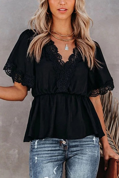 Lace Trimmed Short Sleeve Blouse