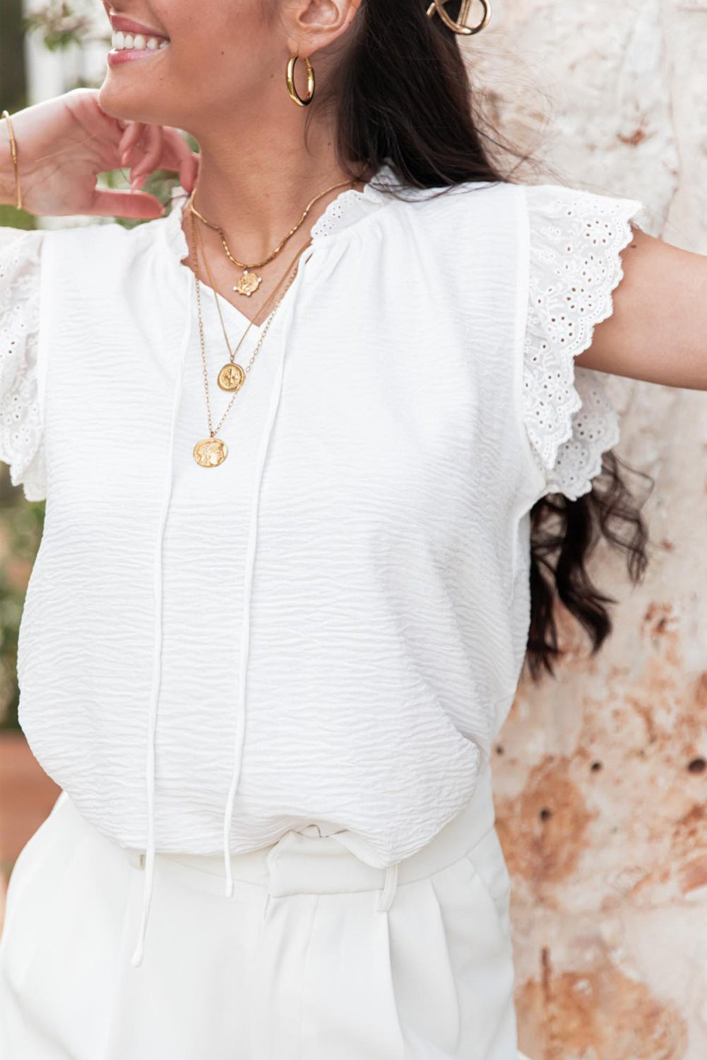 Textured Embroidered Ruffle Sleeve Blouse