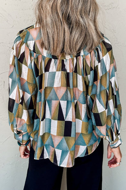 Geometric Buttoned Balloon Sleeve Shirt