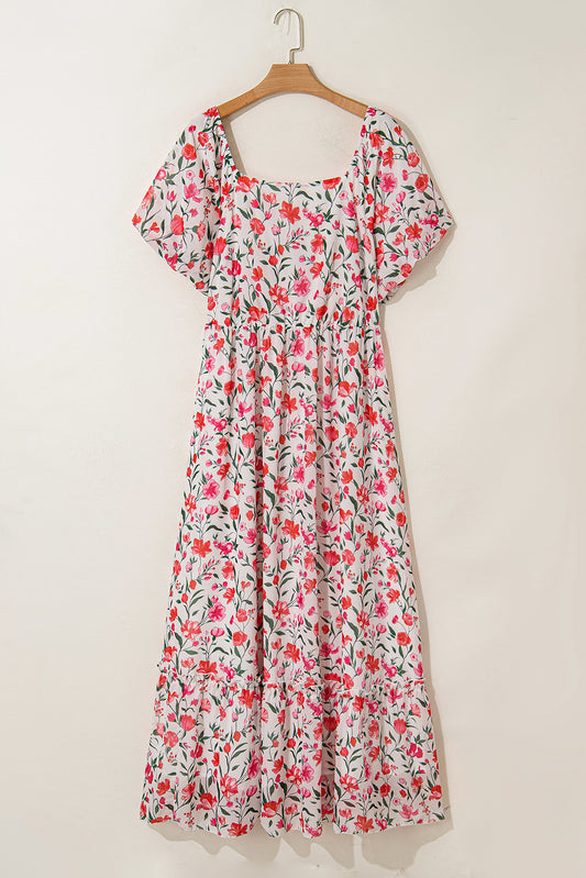 Plus Size Floral Puff Sleeve Square Neck Dress