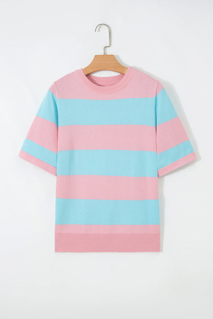 Stripe Colorblock Knitted Short Sleeve T-Shirt