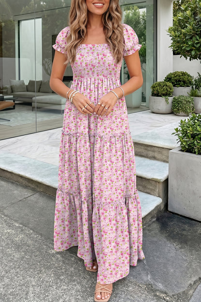 Floral Bubble Sleeve Shirred Waist Maxi Dress