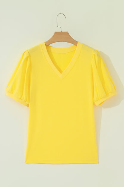 Solid V-Neck Short Puff Sleeve Blouse