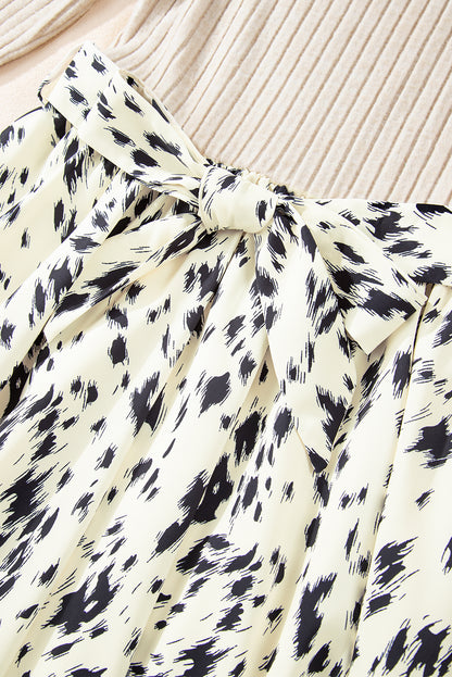Leopard Patchwork Ribbed Knit Belted Dress