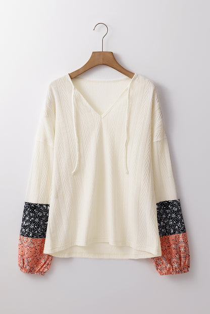 Floral Patchwork Textured Knit V-Neck Blouse