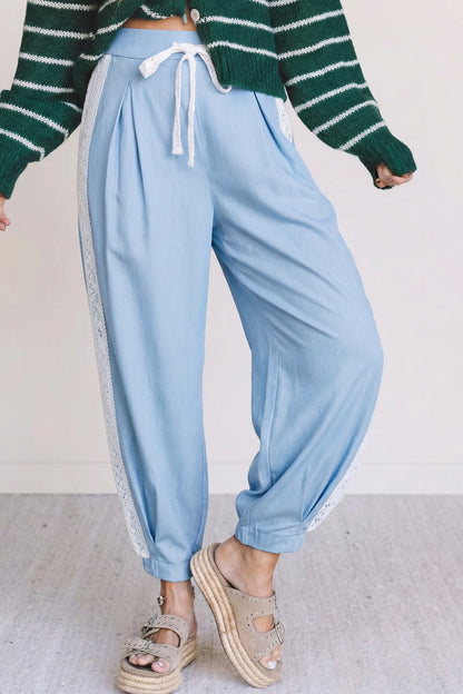 Floral Lace Patch Pocket Pleated Wide Leg Pants