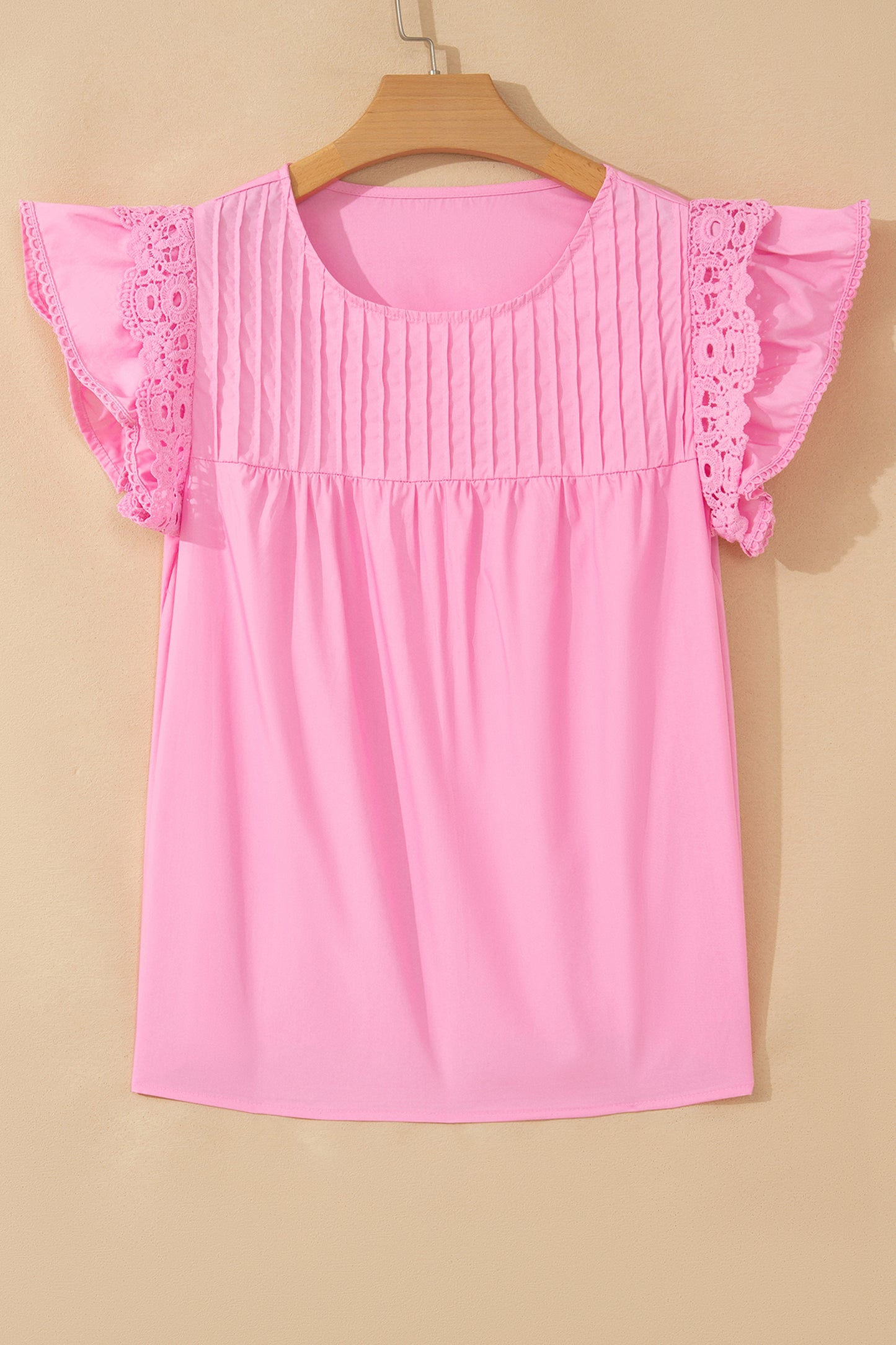 Solid Lace Flutter Sleeve Pleated Blouse