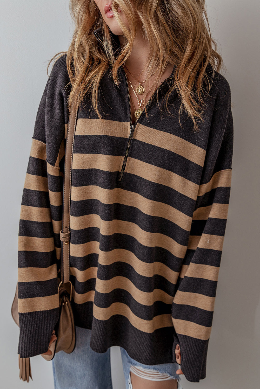 Stripe Quarter Zip Oversized Sweater