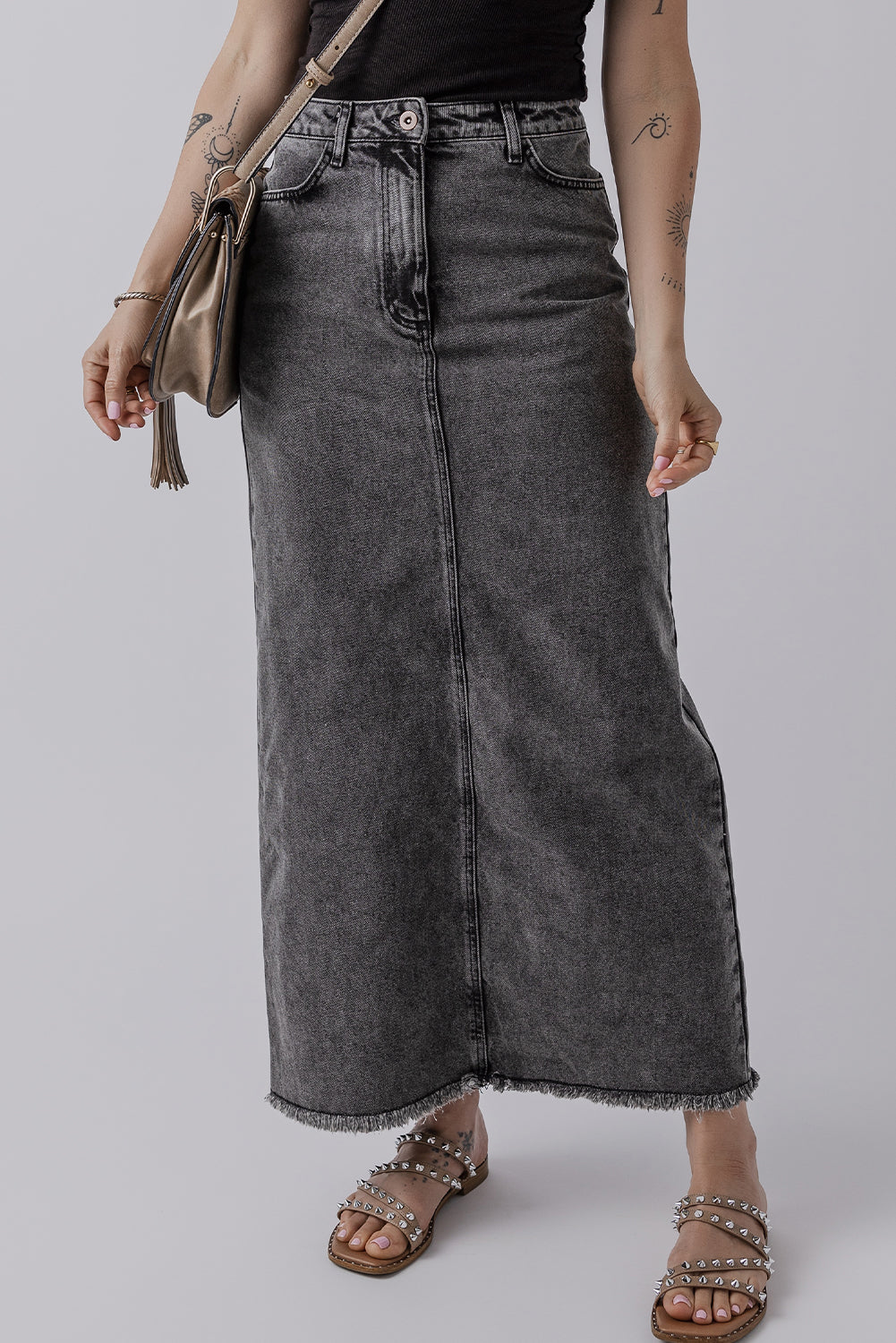 Denim Raw Hem Midi Skirt