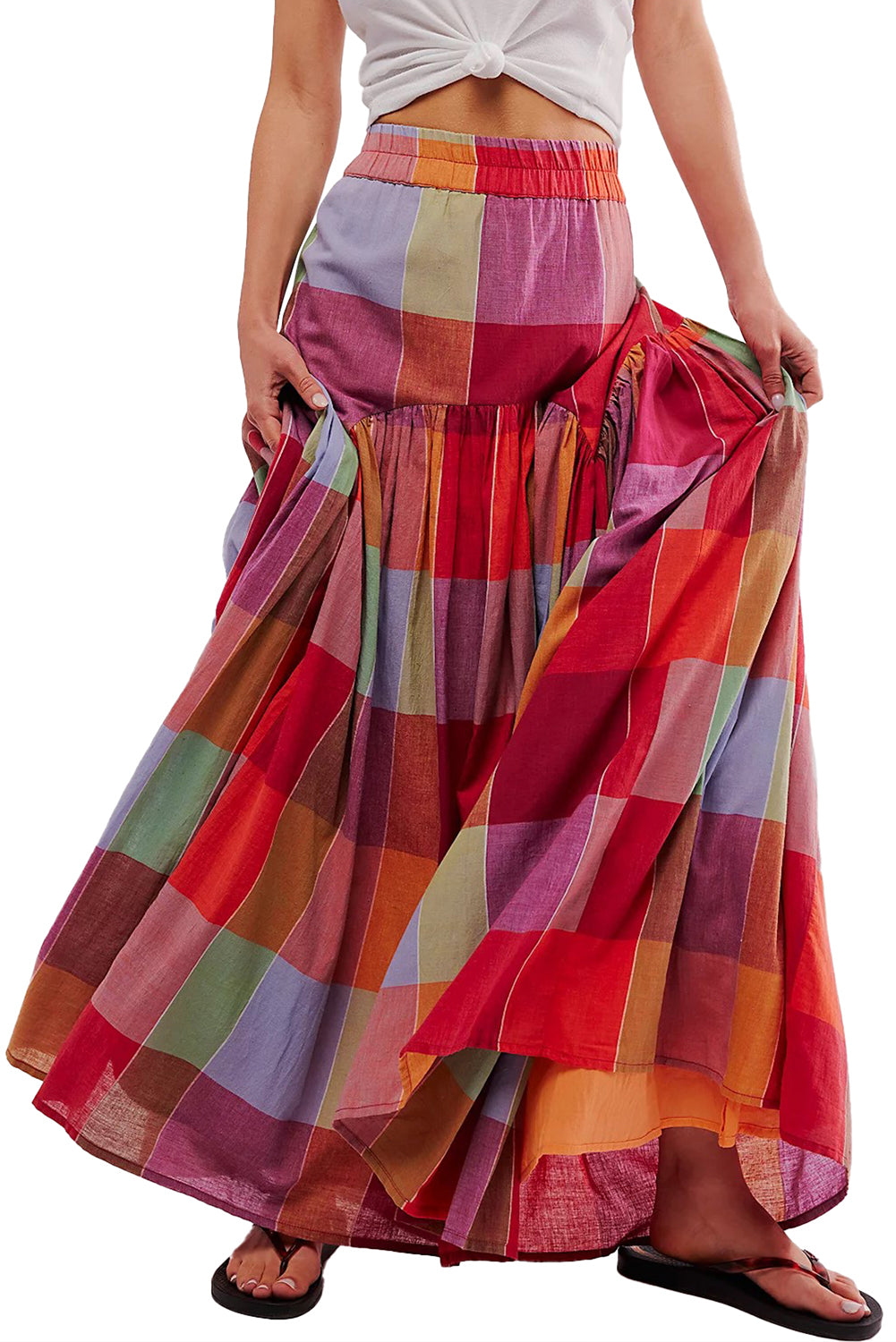 Plaid Ruched High Waist Maxi Skirt