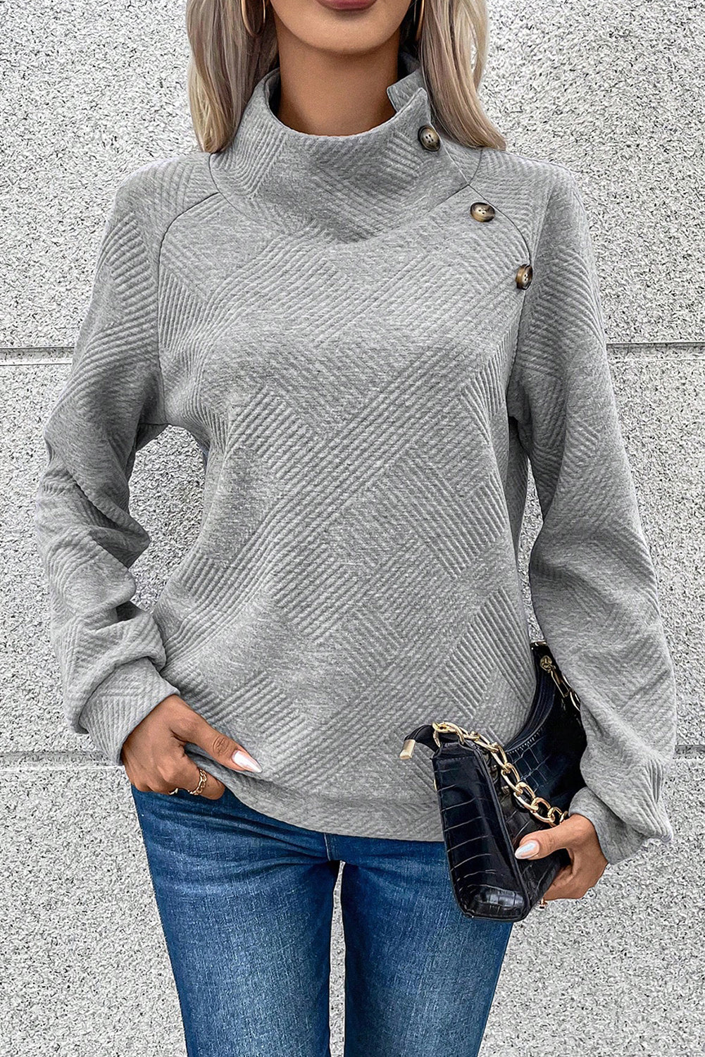 Geometric Textured Buttoned Collar Sweatshirt