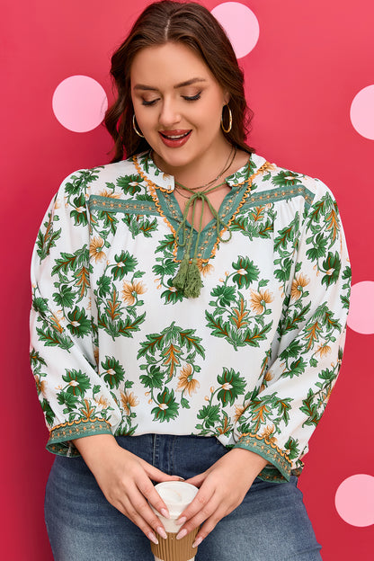 Plus Size Floral Patchwork Tassel Tie Blouse