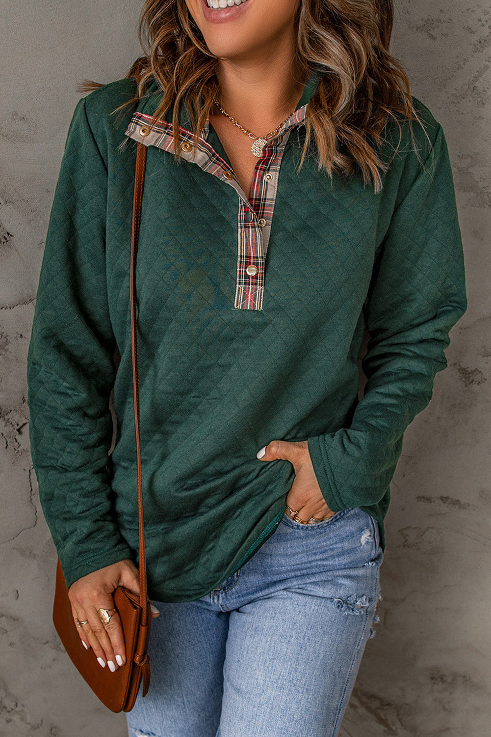 Plaid Elbow Patch Textured Sweatshirt