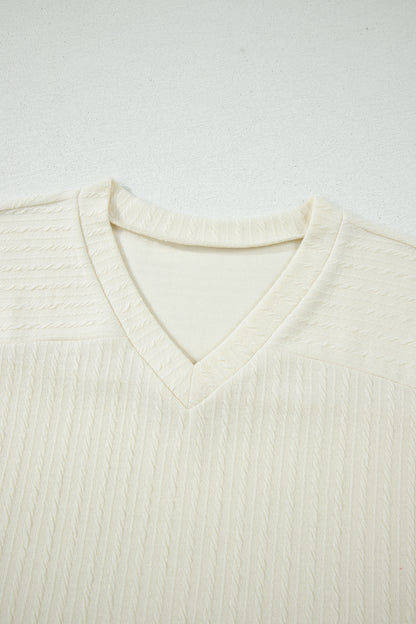 Cable Knit Textured V-Neck Short Sleeve T-Shirt